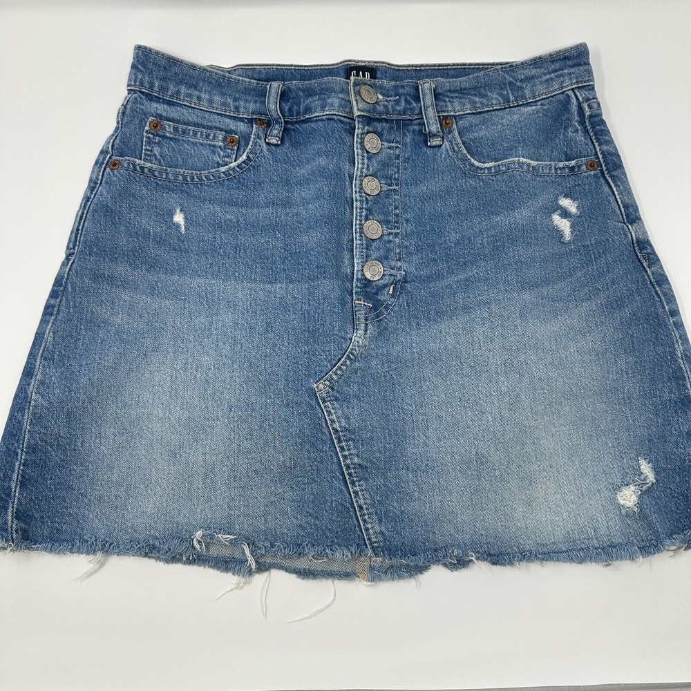 Gap Woman's 6 / 28 Denim Skirt‎ Raw Hem High Waist Distressed Stretch Button Fly